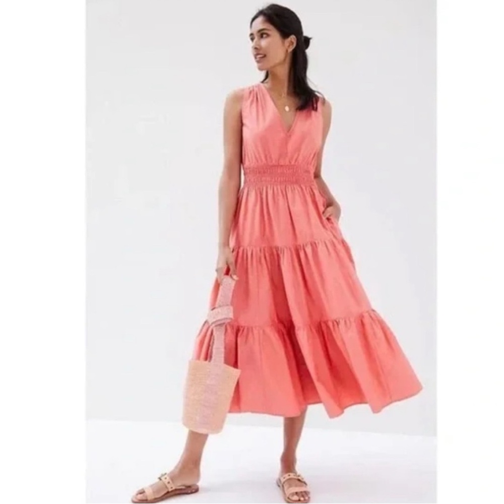 Anthropologie Maeve Peach Pink Sleeveless Tiered Maxi Dress V-Neck Smocked M L